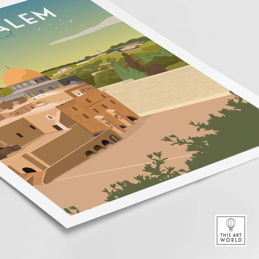 Minimalist Jerusalem travel poster print featuring iconic landmarks and vibrant landscapes for stylish home decor.