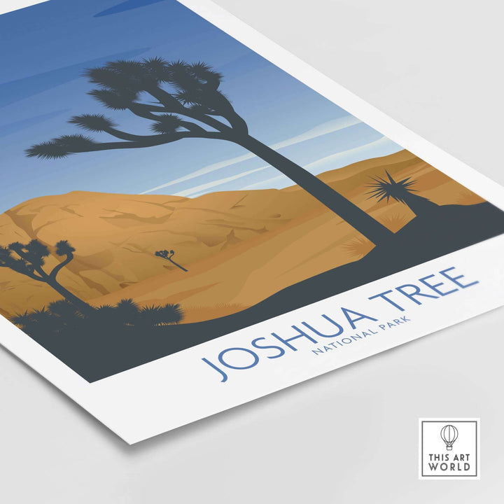 Joshua Tree National Park art print featuring minimalist design with desert landscape and iconic Joshua trees.