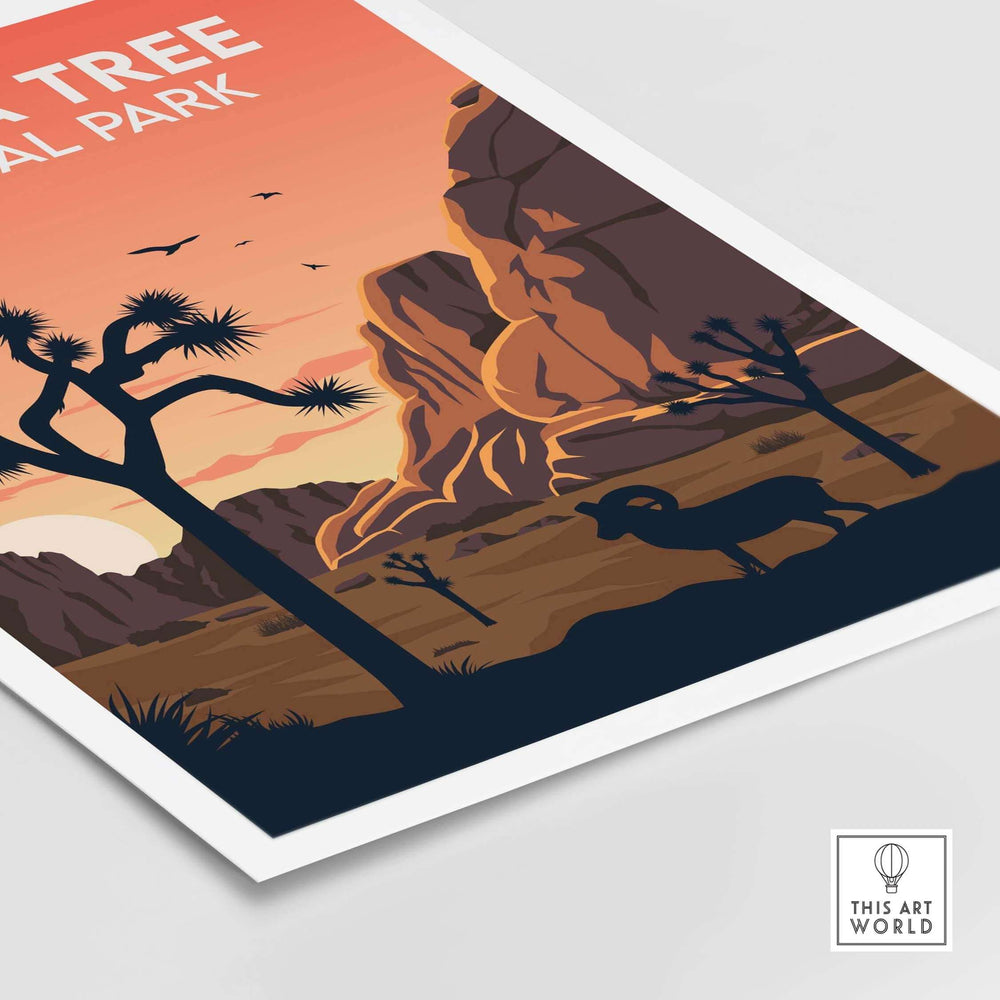 Joshua Tree National Park print featuring colorful sunset, desert landscape, and iconic Joshua trees.