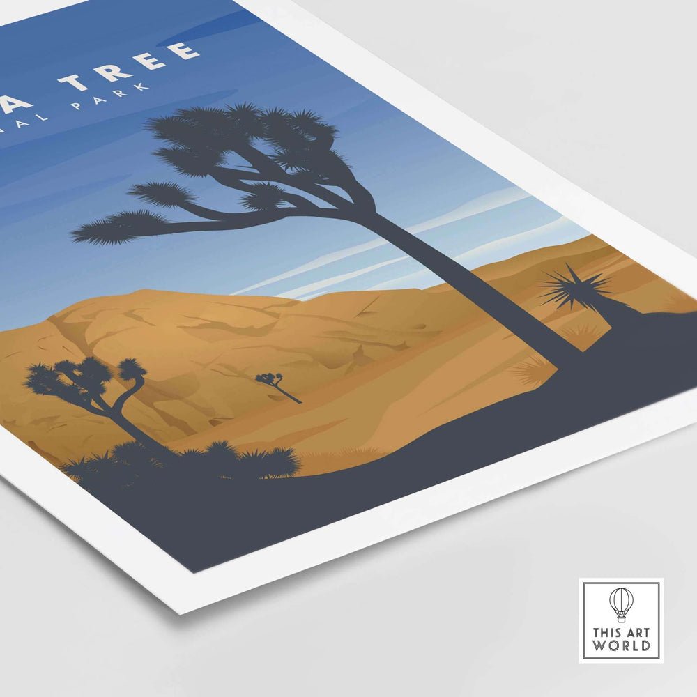 Joshua Tree National Park art print showcasing desert landscape and trees in vibrant colors, perfect for home decor.