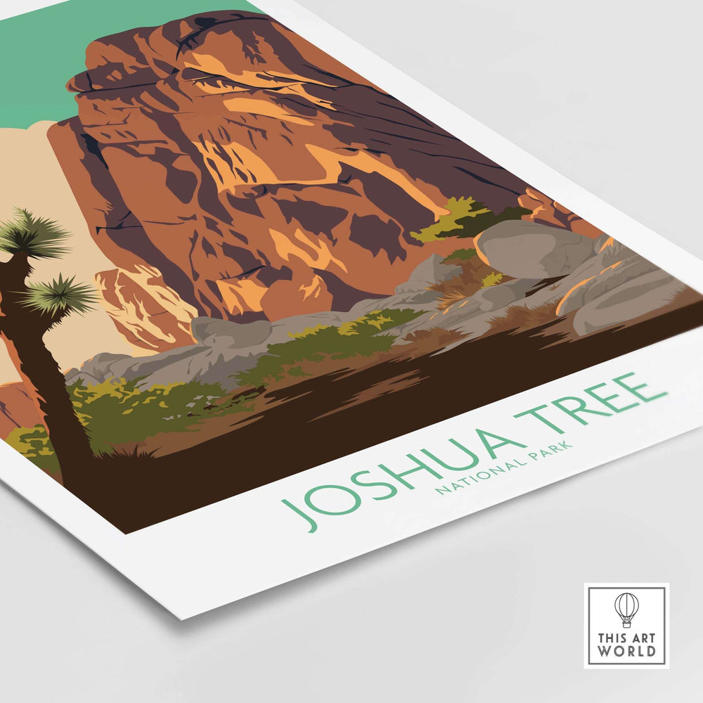 Joshua Tree Poster Print featuring vibrant desert landscape and iconic rock formations, perfect for home or office decor.