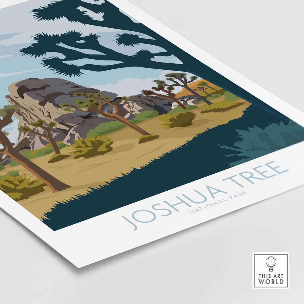 Joshua Tree National Park poster print with vintage design featuring desert landscape and Joshua trees.