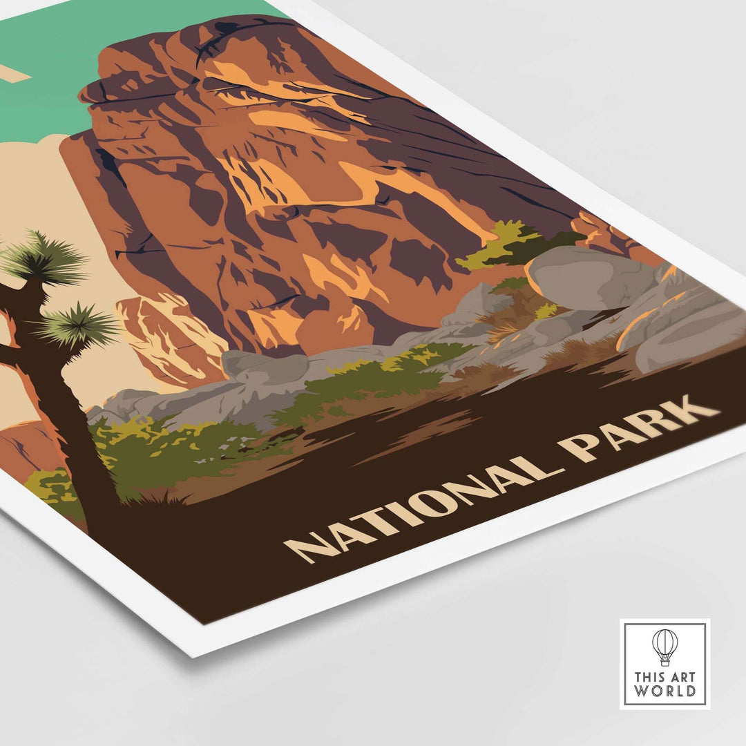 Joshua Tree National Park print featuring vintage-inspired artwork of desert landscape and rock formations.