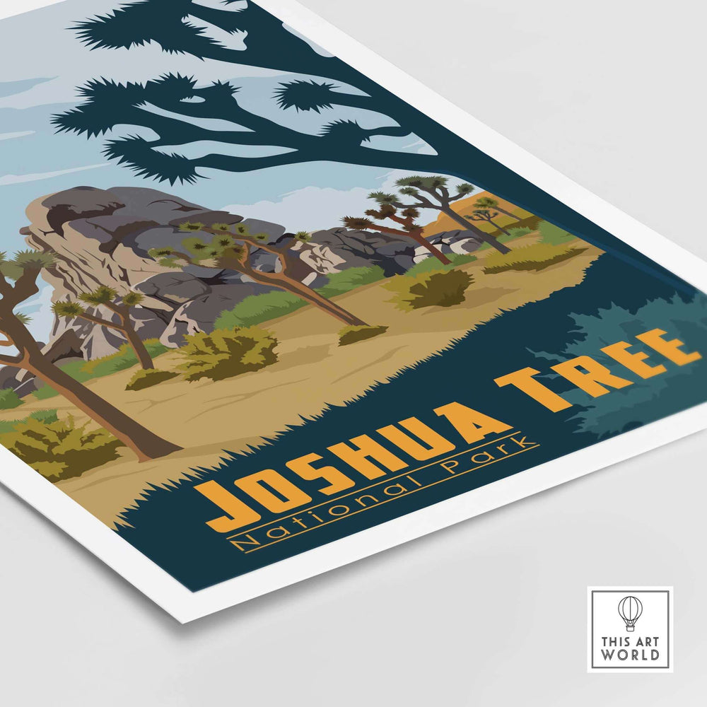 Joshua Tree National Park poster featuring iconic desert landscapes and trees with a vintage design.