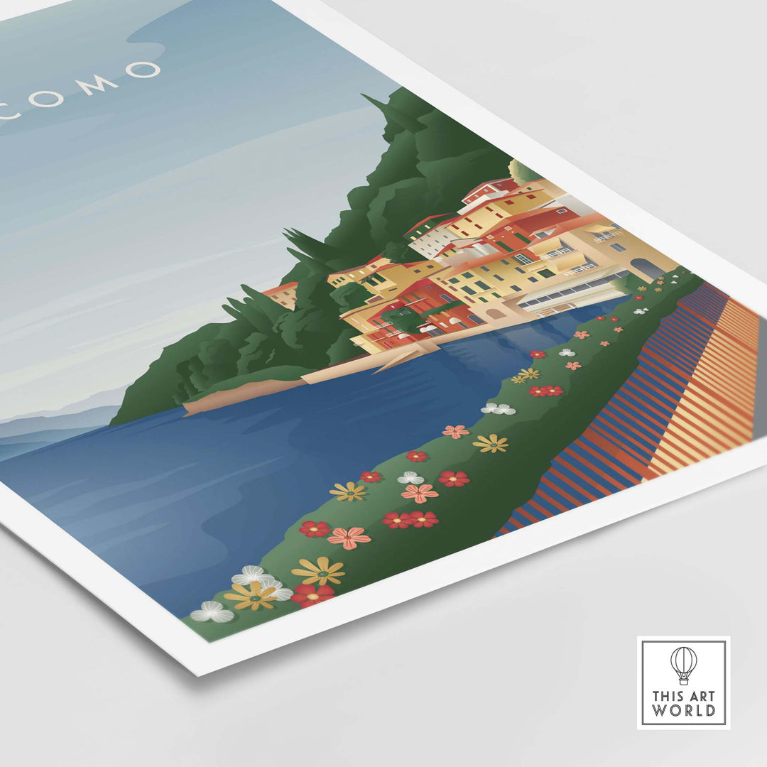 Lake Como wall art poster featuring serene lake, colorful flowers, and picturesque buildings.