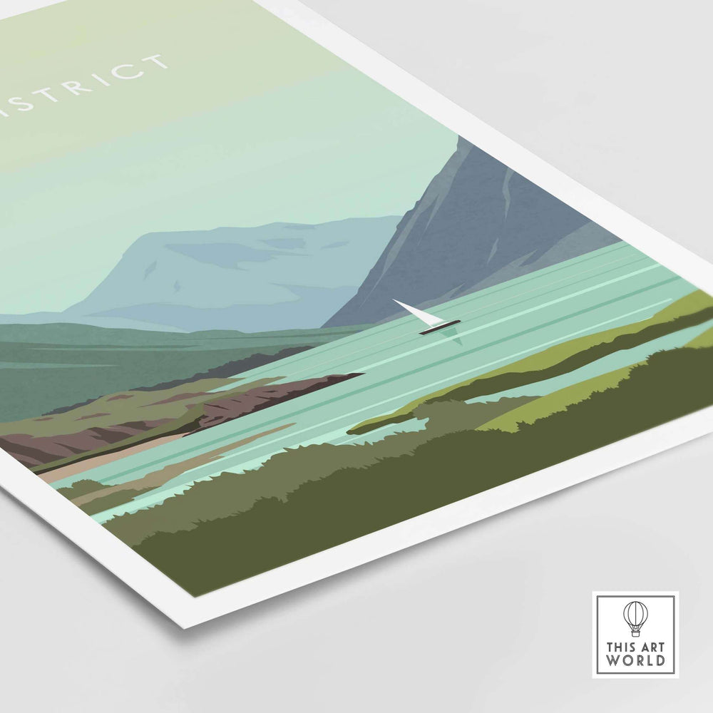 Lake District Print Wall Art Poster featuring serene mountains and a sailboat on tranquil waters.