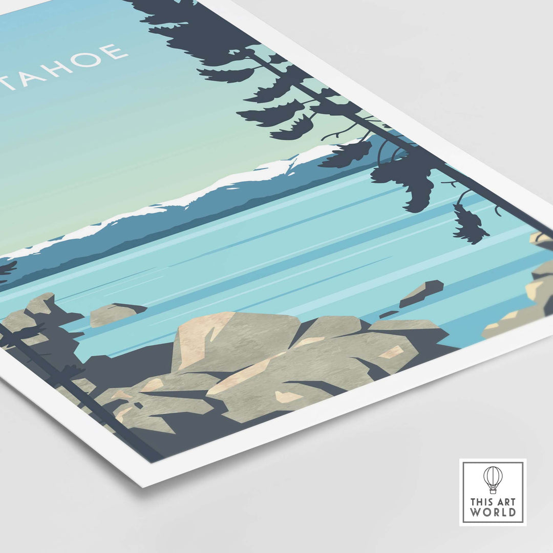 Lake Tahoe print wall art poster featuring serene lake view with rocks and trees, perfect for home decor.