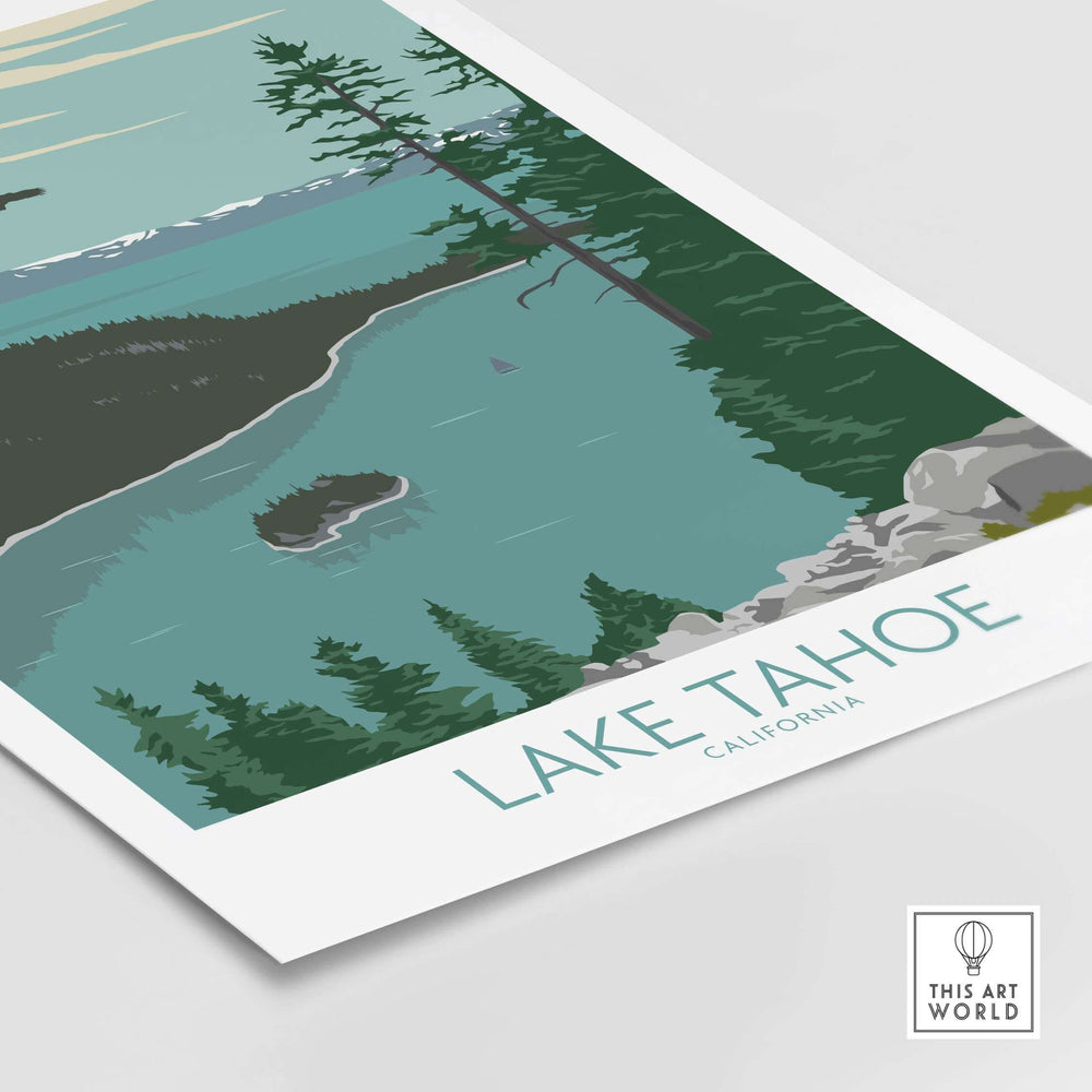 Lake Tahoe vintage poster print showcasing serene lake and forest scene, perfect for home or office decor.