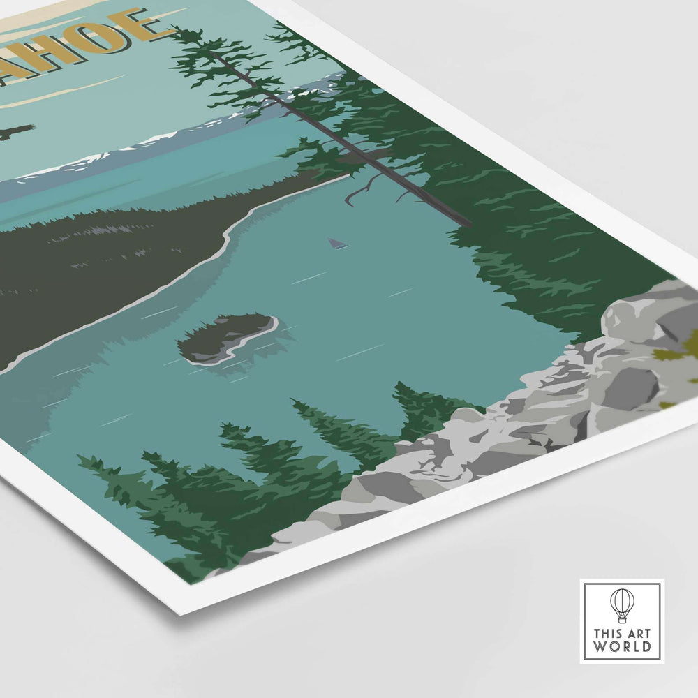 Lake Tahoe vintage print showcasing serene lake views and lush forests, perfect for nature-inspired home decor.