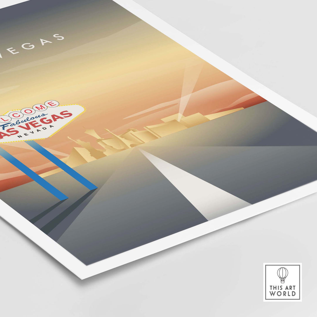 Stylish Las Vegas wall art poster featuring the iconic Welcome to Fabulous Las Vegas sign against a vibrant skyline.
