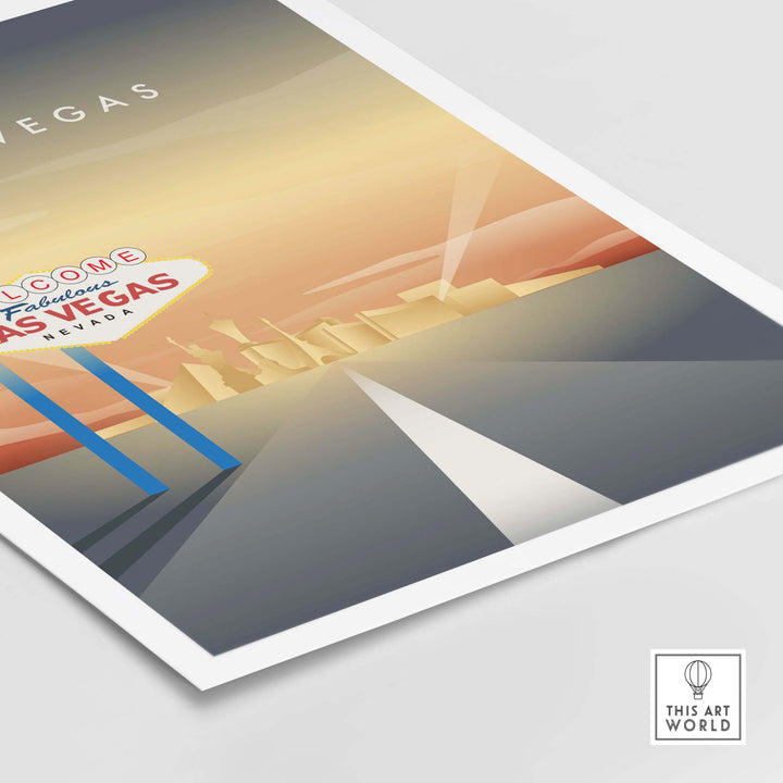 Stylish Las Vegas wall art poster featuring the iconic Welcome to Fabulous Las Vegas sign against a vibrant skyline.