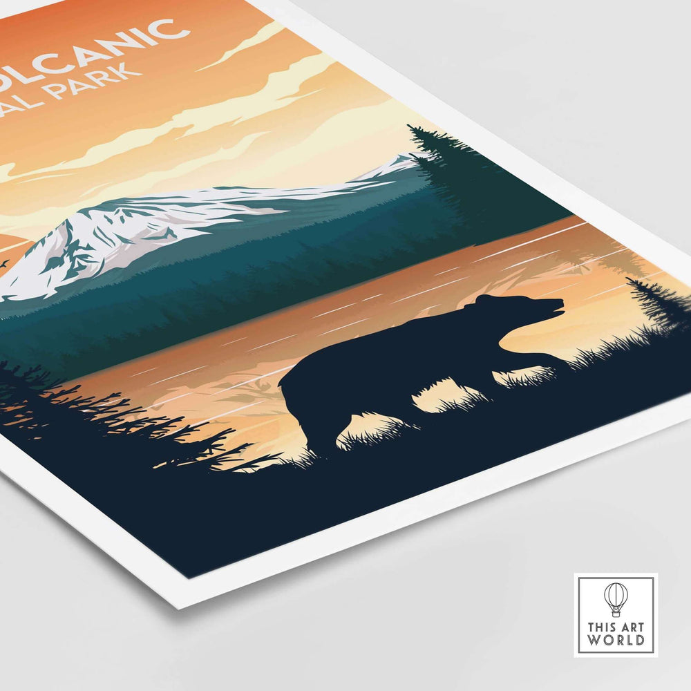 Lassen Volcanic Print | National Park poster with a bear silhouette and mountain backdrop, showcasing the beauty of nature.