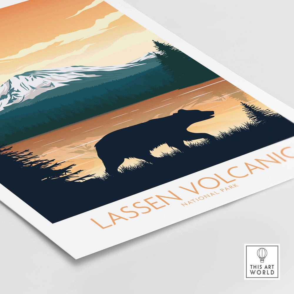 Lassen Volcanic National Park poster featuring a bear silhouette against a colorful landscape, minimalist design.