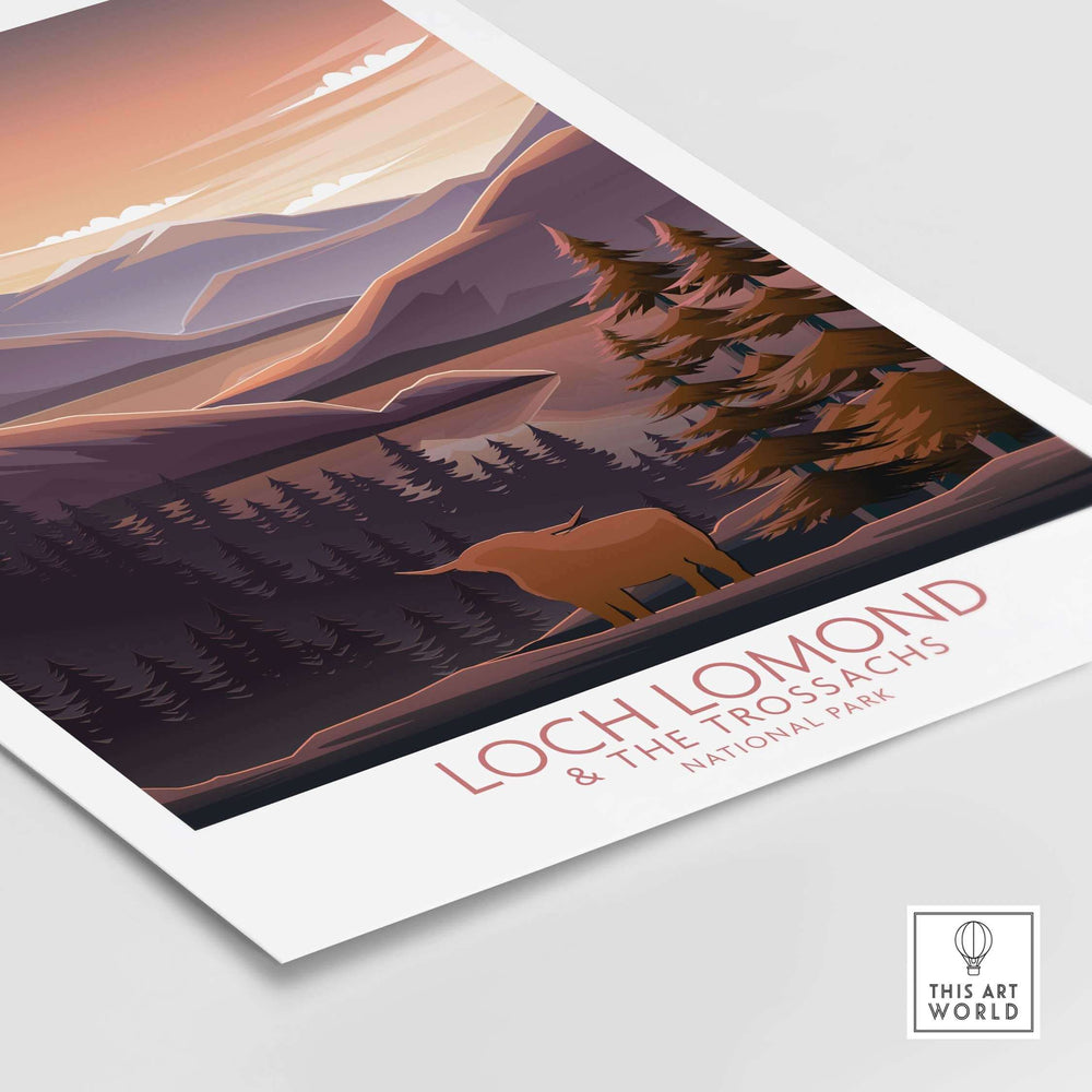 Loch Lomond and The Trossachs Print showcasing a minimalist landscape in warm tones with a silhouette of a highland cow.