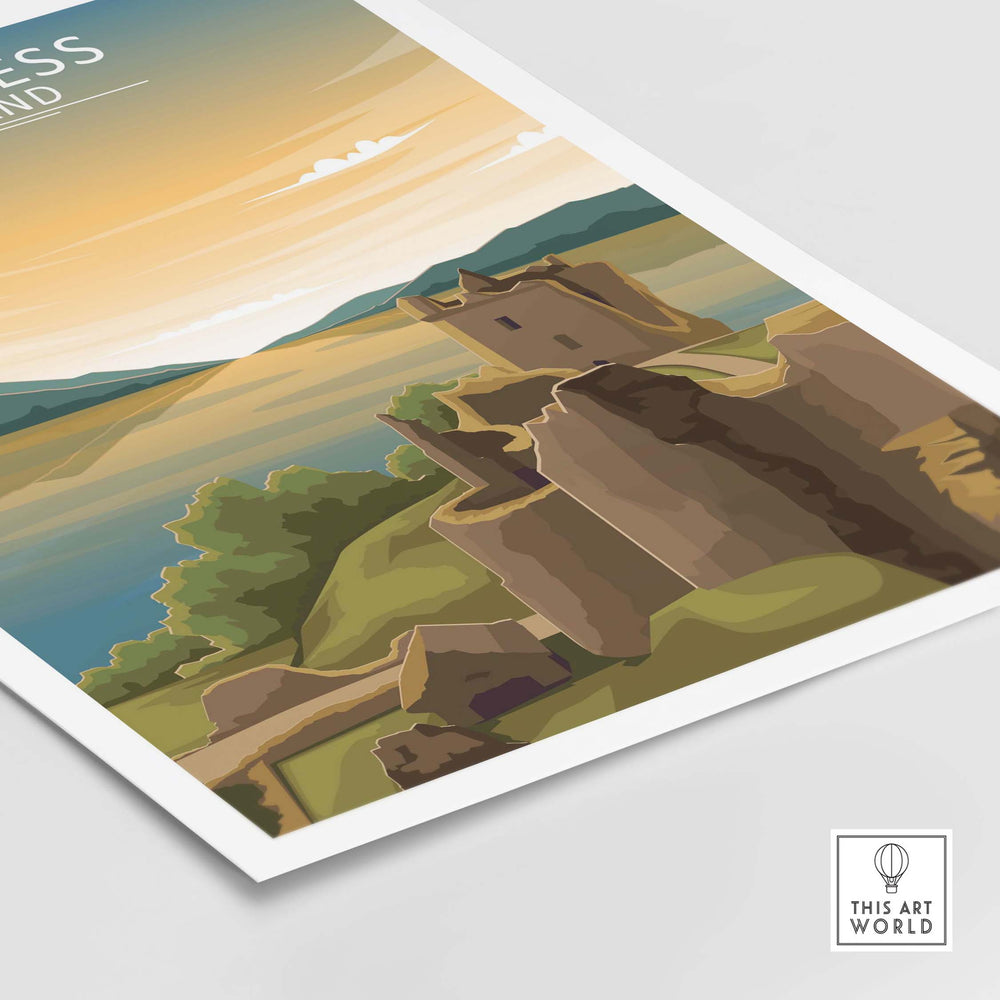 Loch Ness Wall Art Scotland Print showcasing vintage-style landscape of Scottish highlands and castles.