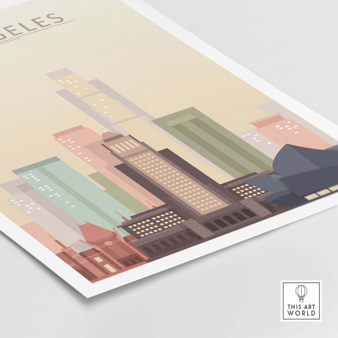 Los Angeles skyline poster featuring pastel-toned city architecture, perfect for stylish home or office decor.