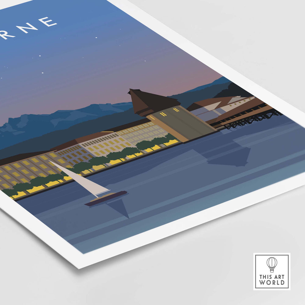 Lucerne Switzerland Print featuring a serene lake view and vintage-style design for stylish wall art.