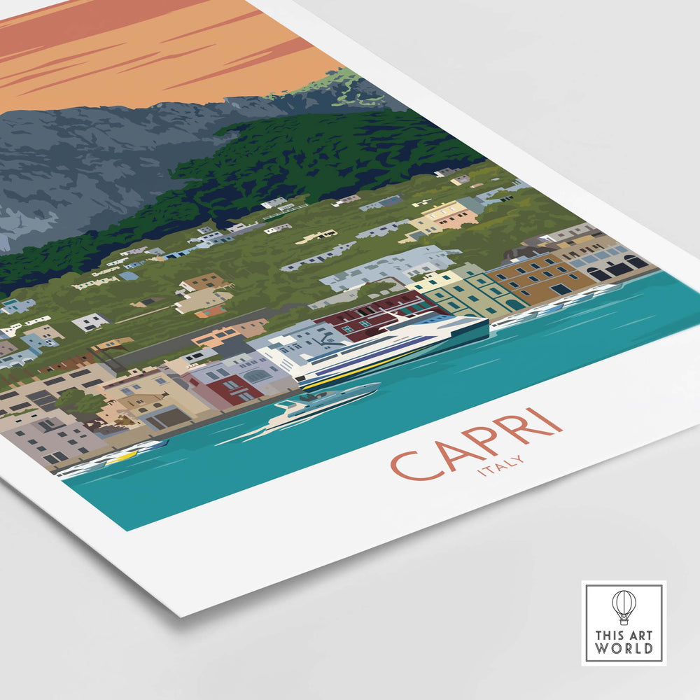 Capri Print | Vintage Italy Travel Poster featuring scenic coastal landscape and stylish design.