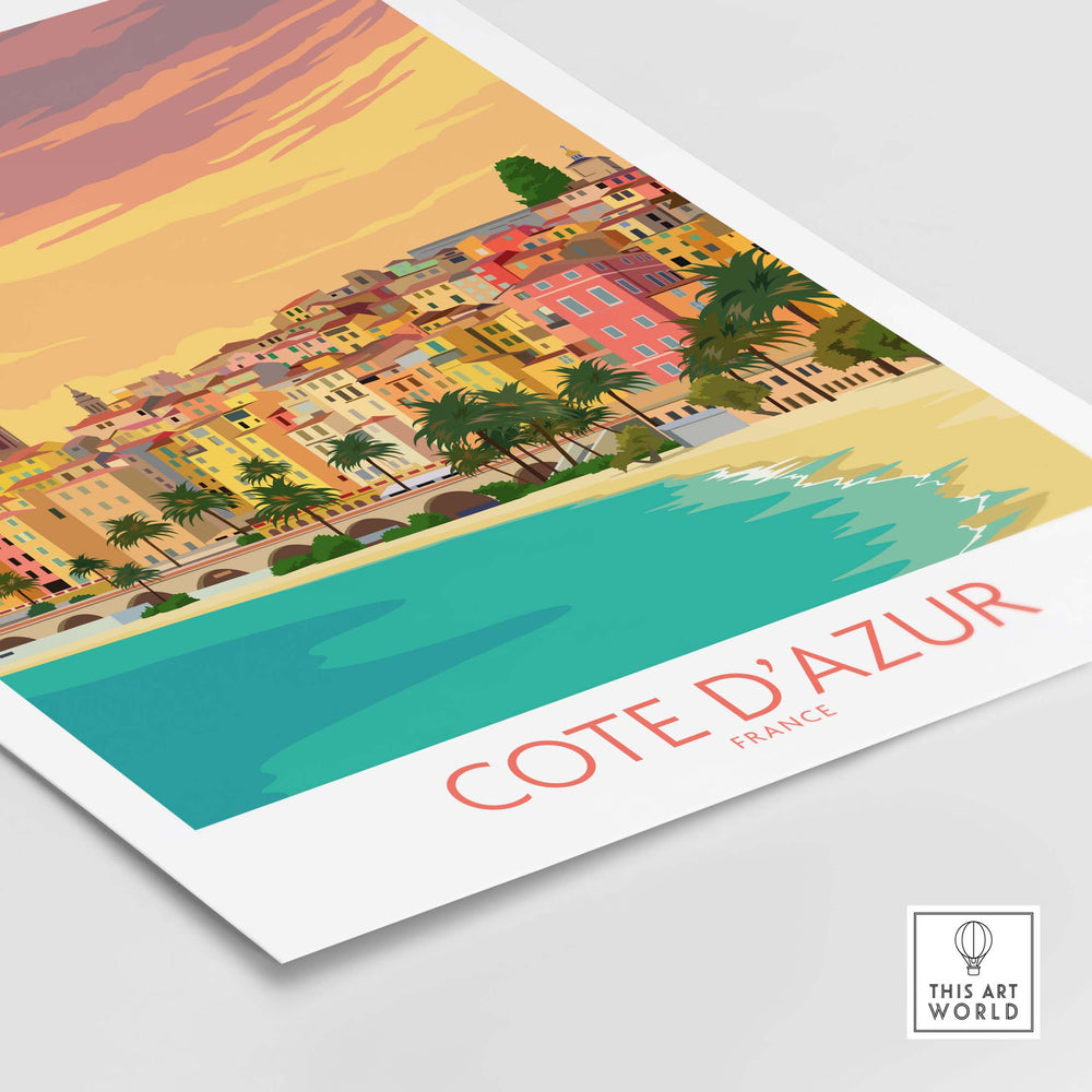 Cote d'Azur travel poster featuring colorful buildings and ocean view, inspired by vintage French Riviera art.