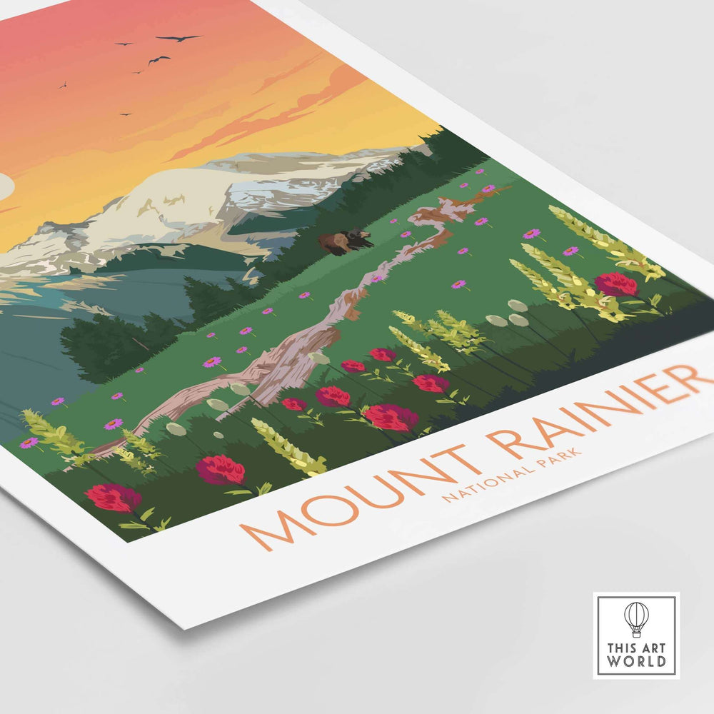 Mount Rainier National Park art print featuring vibrant flowers, mountains, and a bear in a minimalist design.