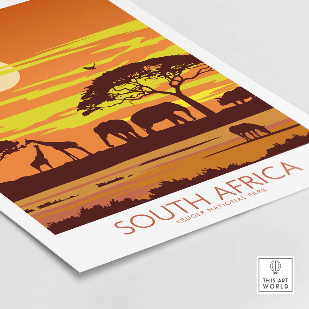 South Africa print featuring Kruger National Park with elephants and sunset, in a minimalist vintage style.