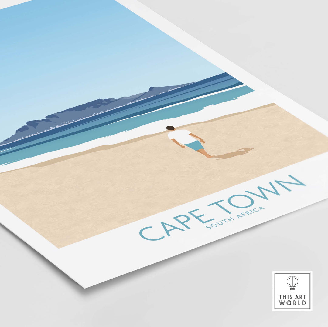 Cape Town wall art print featuring a minimalist design with a person walking on the beach and Table Mountain backdrop.