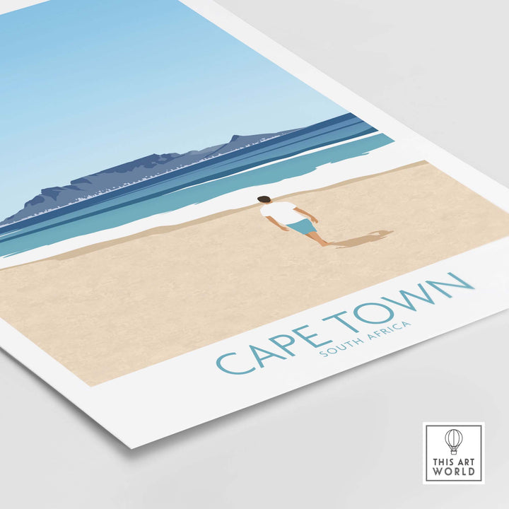 Cape Town wall art print featuring a minimalist design with a person walking on the beach and Table Mountain backdrop.