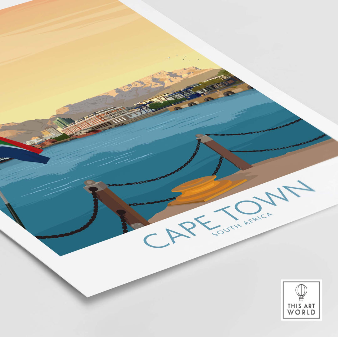 Cape Town Print poster showcasing a scenic view of the harbor and mountains in South Africa, ideal for stylish wall decor.