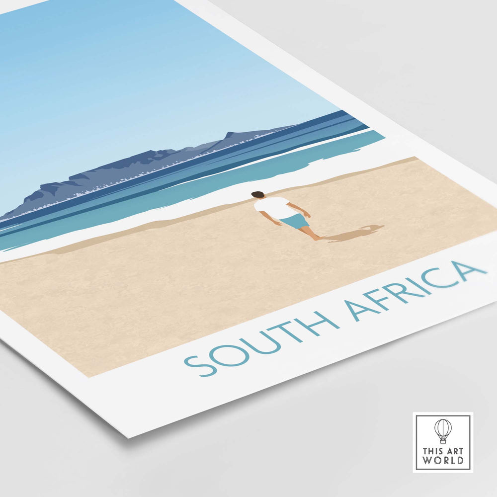 South Africa wall art print featuring a minimalistic beach scene and a person walking on the sand.