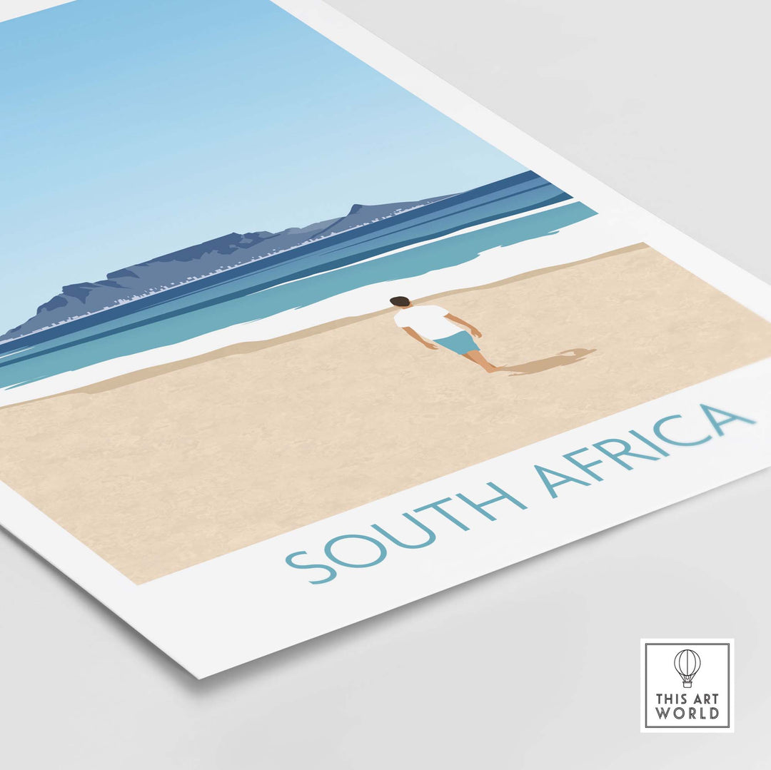 South Africa wall art print featuring a minimalistic beach scene and a person walking on the sand.