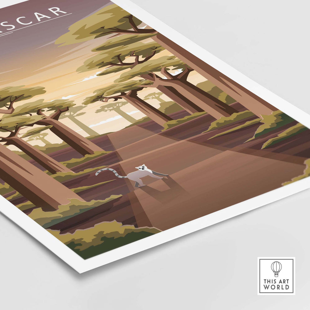 Madagascar Avenue of the Baobabs poster featuring a lemur and lush trees, inspired by vintage travel art.