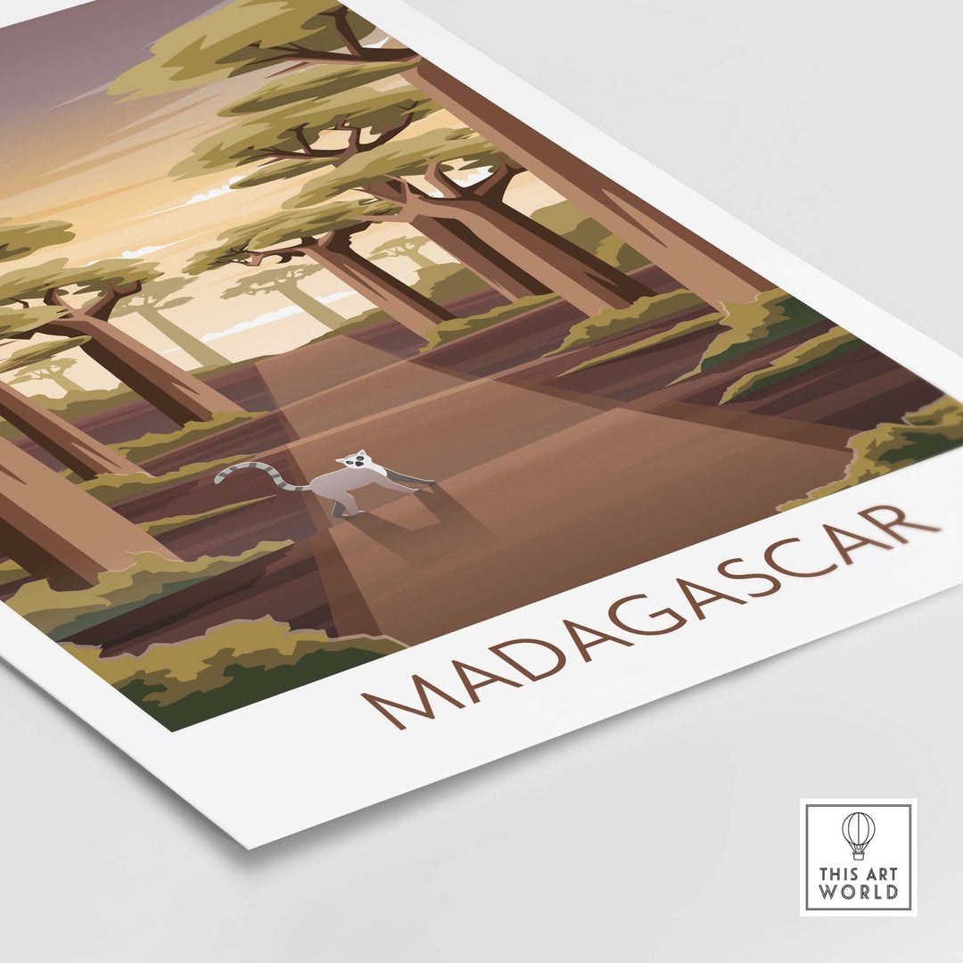 Madagascar poster featuring a lemur on a tree-lined path, inspired by vintage travel art for home decor.