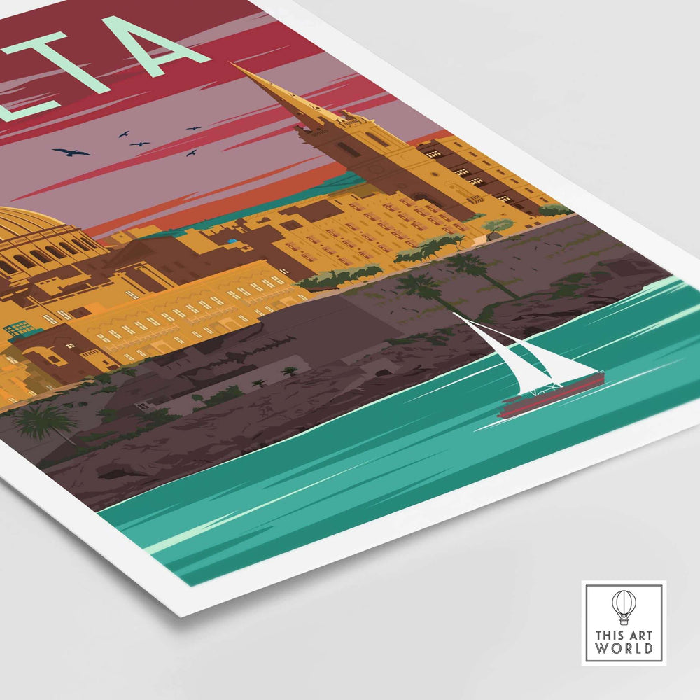 Malta Poster Print Wall Art featuring a vintage-style illustration of Malta's coastline and architecture.