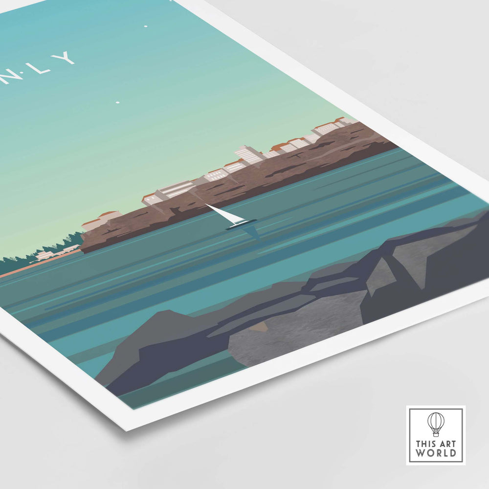 Manly Australia Poster Print featuring a sailboat in tranquil waters and coastal backdrop, perfect for home decor.