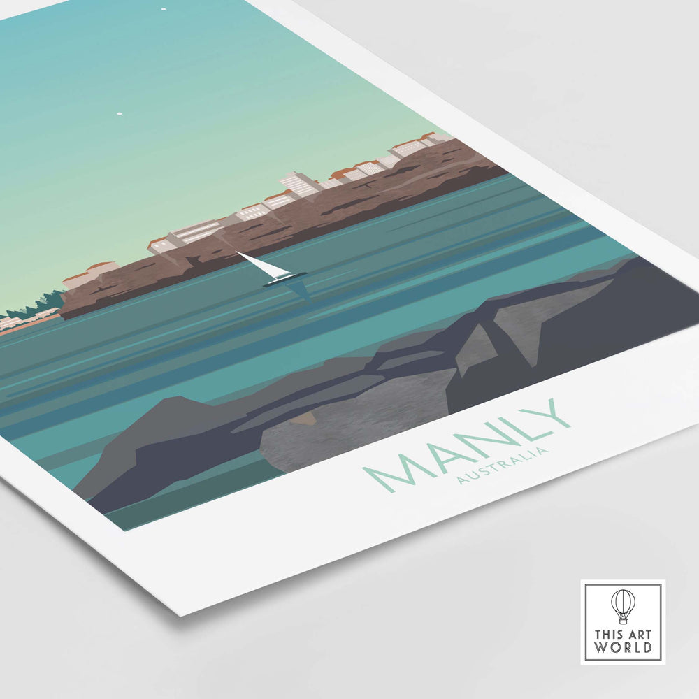 Manly Wall Art Australia travel poster showcasing a serene coastal view with a sailboat on calm water.