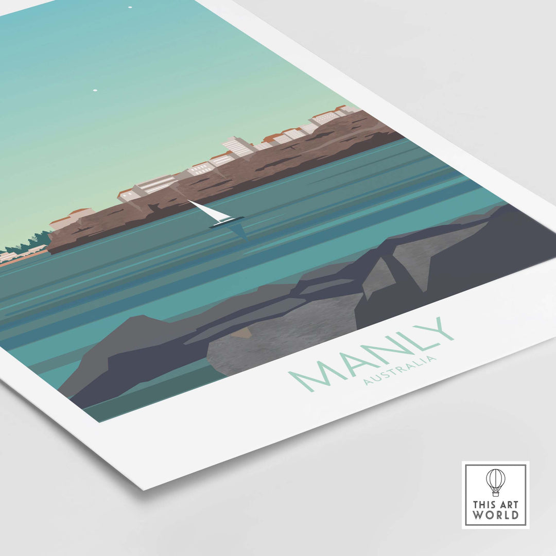 Manly Wall Art Australia travel poster showcasing a serene coastal view with a sailboat on calm water.