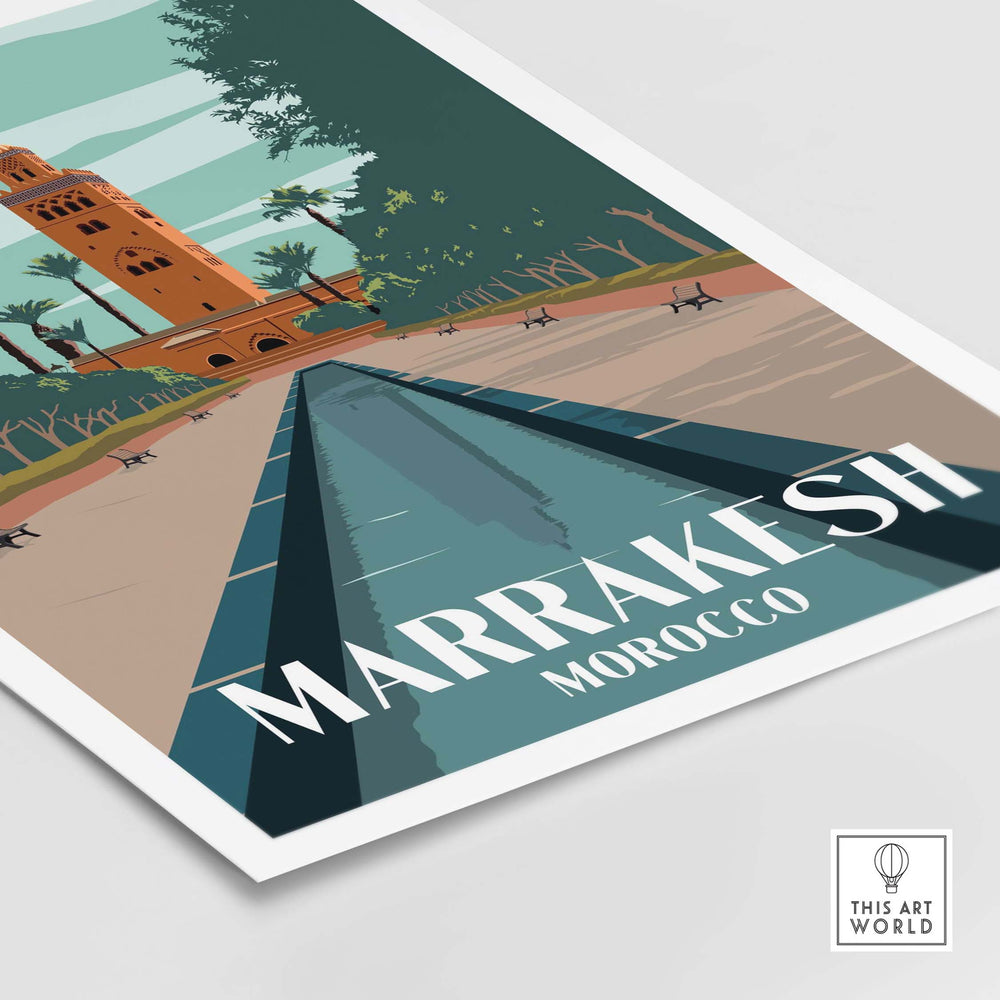 Marrakesh Print Morocco Poster featuring a vintage-inspired design with a tower and serene pool.