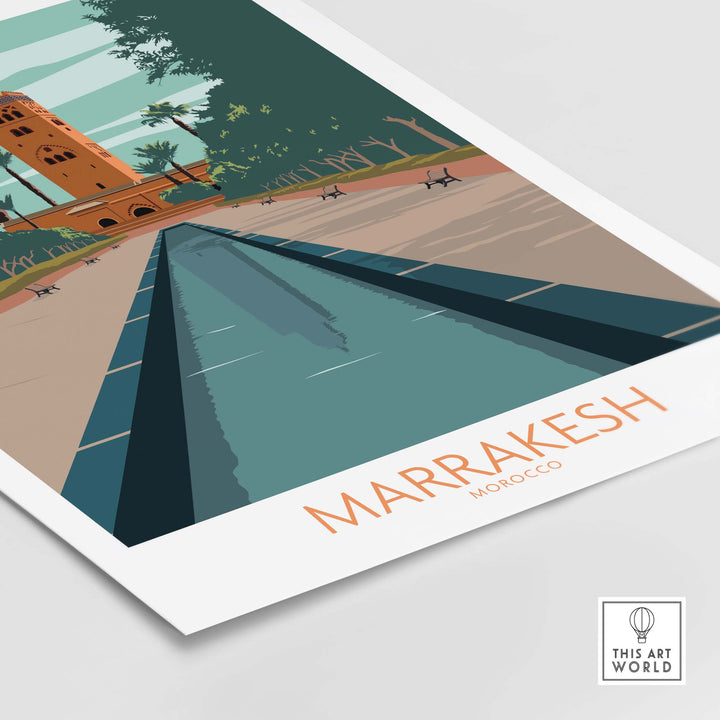 Marrakesh poster wall art featuring a vintage Moroccan landscape with a striking tower and serene waterway.