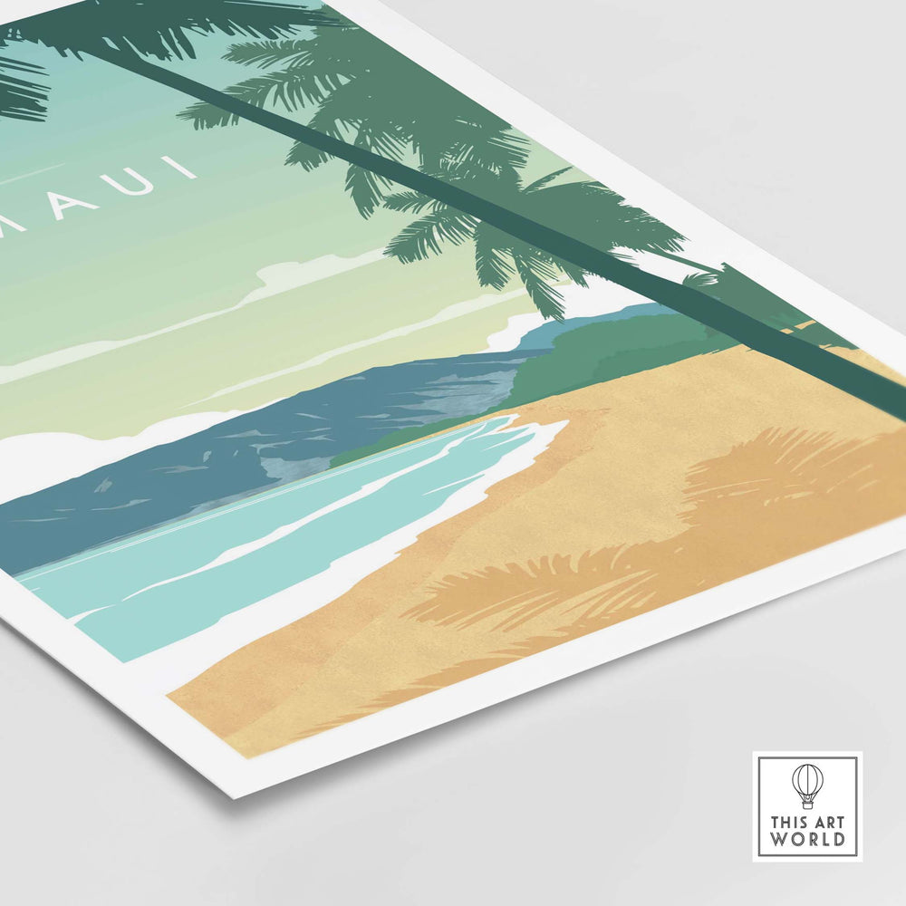 Maui beach scene poster with palm trees and minimalist design, depicting serene tropical paradise vibes for home decor.