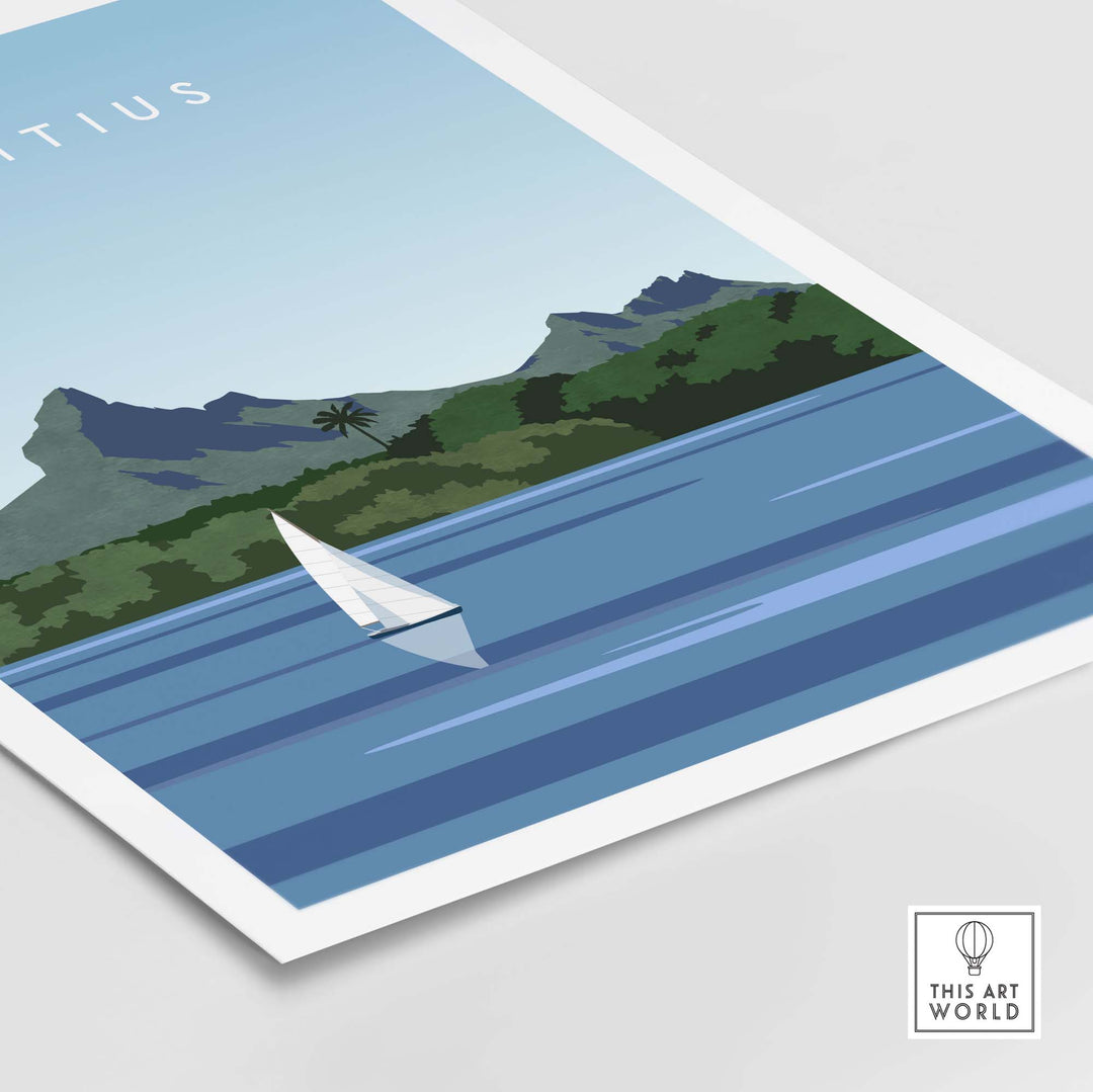 Mauritius travel poster print featuring a sailboat on calm waters and lush mountains, perfect for home or office decor.