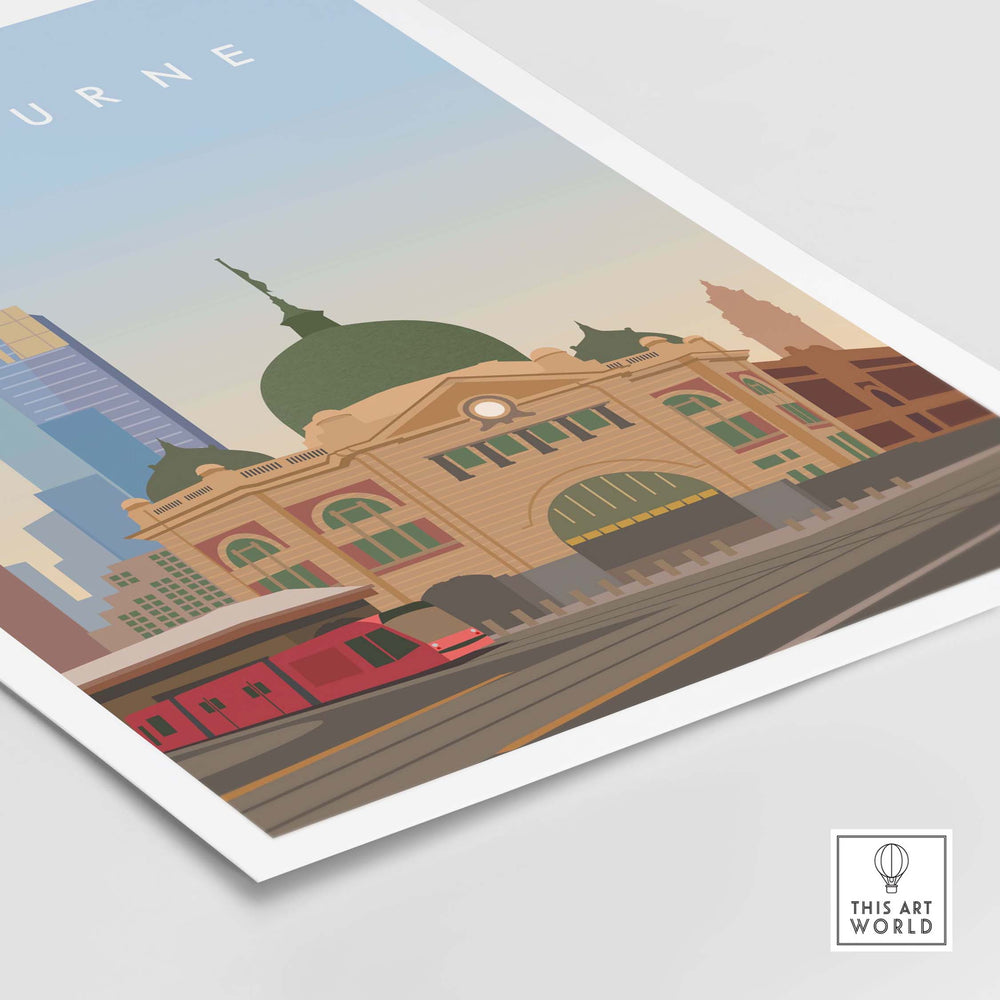Melbourne Wall Art Print showcasing Flinders Street Station in a minimalist style, perfect for home or office decor.