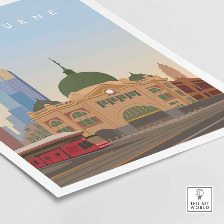 Melbourne Wall Art Print showcasing Flinders Street Station in a minimalist style, perfect for home or office decor.