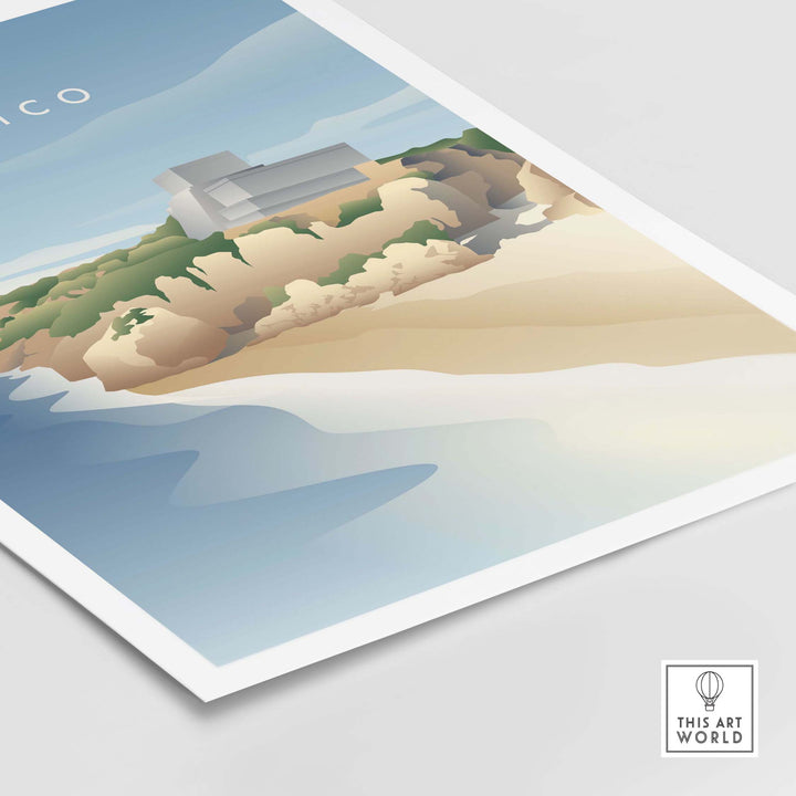 Mexico Wall Art Poster featuring a serene beach landscape with cliffs and ocean waves, ideal for travel enthusiasts.