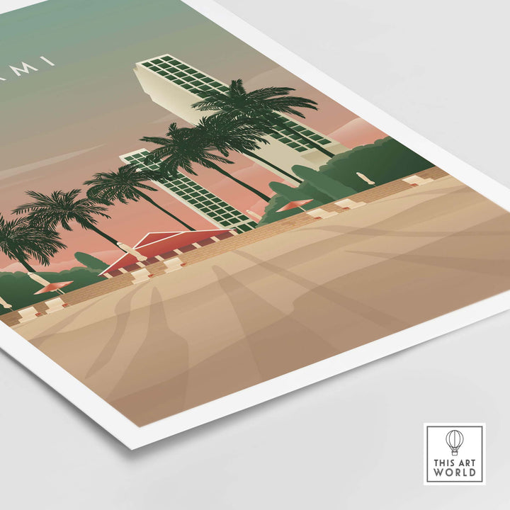 Miami Print Wall Art Poster featuring palm trees and vintage-inspired skyline, perfect for home or office decor.