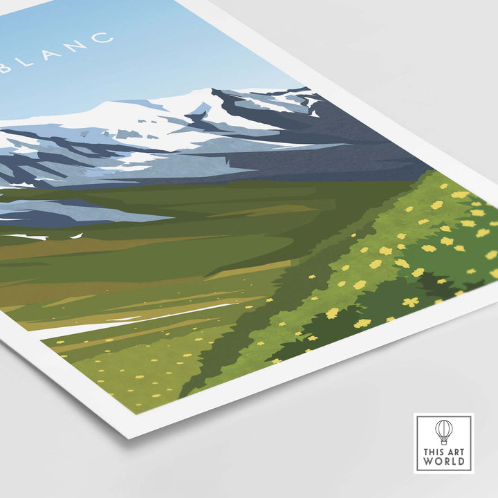 Mont Blanc travel poster print showcasing lush green fields and snow-capped mountains in a minimalist style.