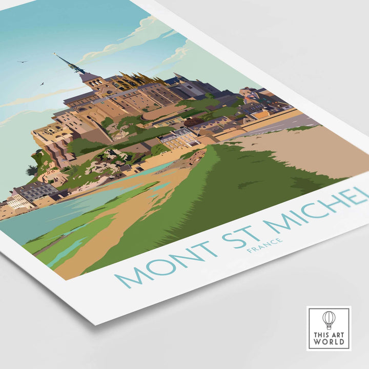 Mont Saint Michel print showcasing a vibrant vintage travel poster design with coastal views in France.