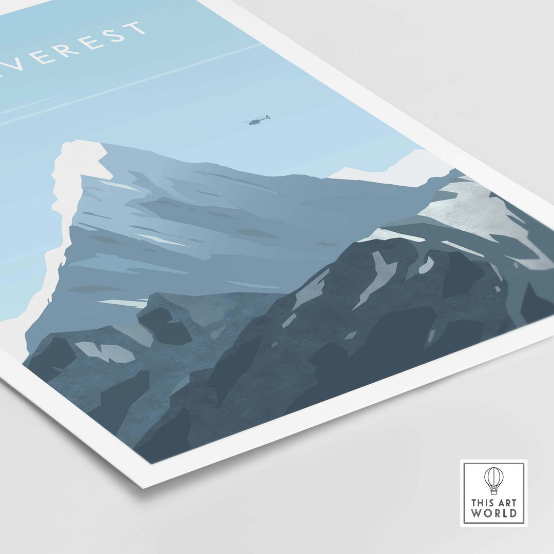 Mount Everest poster featuring a stylized depiction of the mountain, perfect for travel enthusiasts.