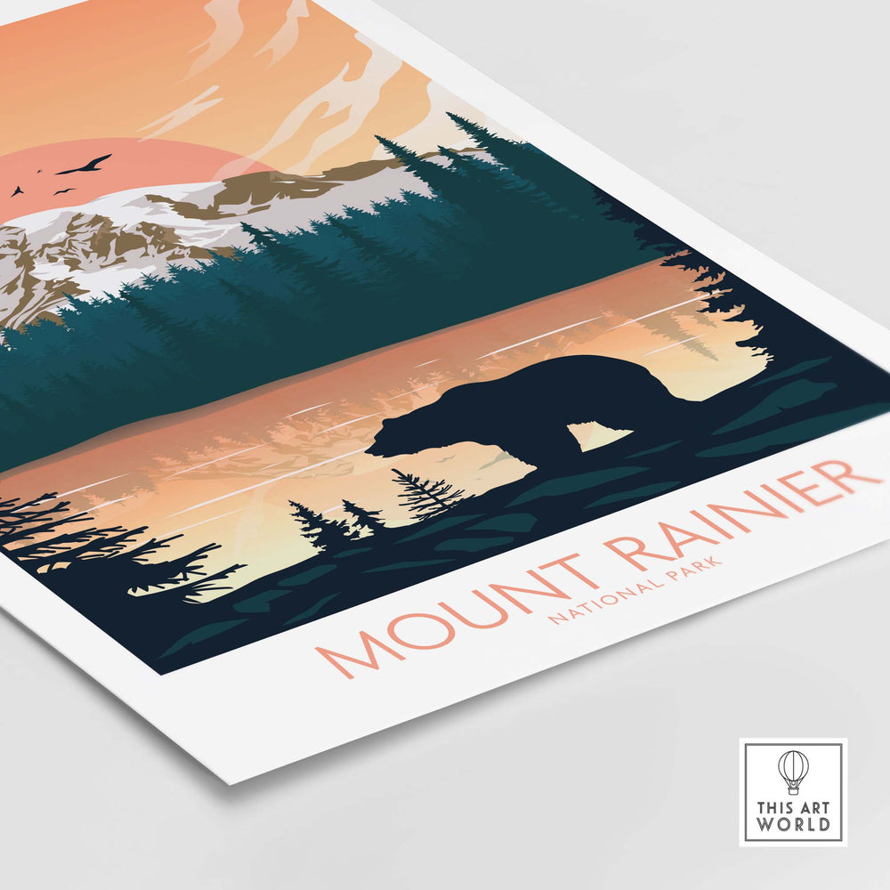 Mount Rainier poster showcasing a bear silhouette against a sunset landscape, ideal for nature lovers and home decor.