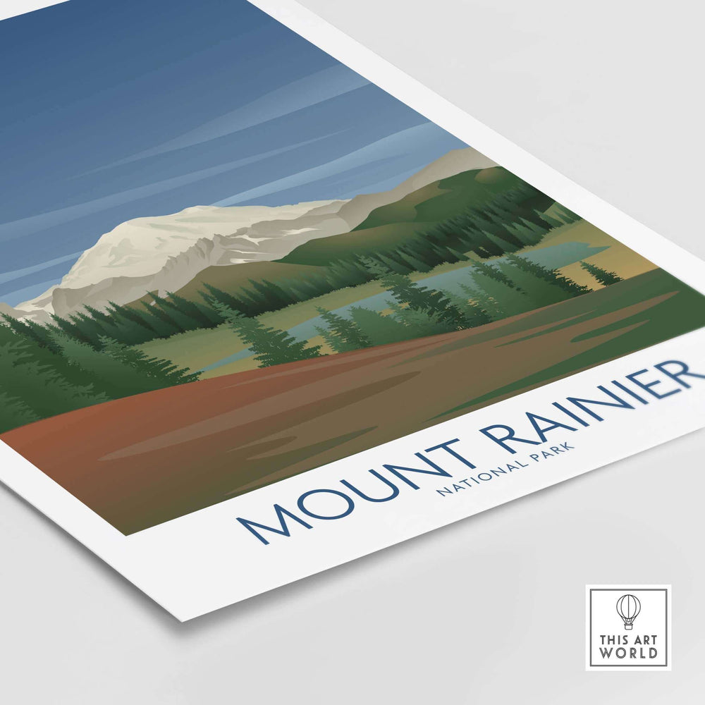 Mount Rainier National Park art print featuring minimalist design and vibrant natural scenery.
