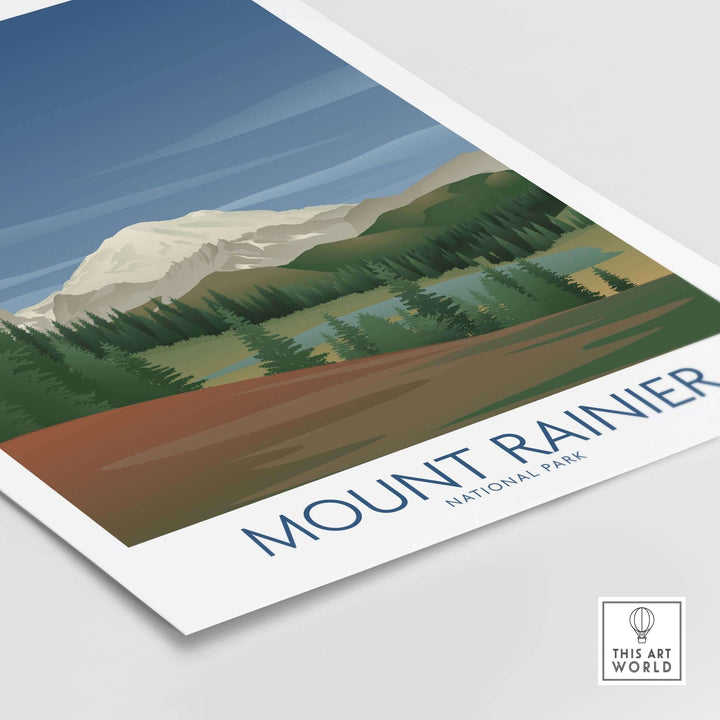 Mount Rainier National Park art print featuring minimalist design and vibrant natural scenery.